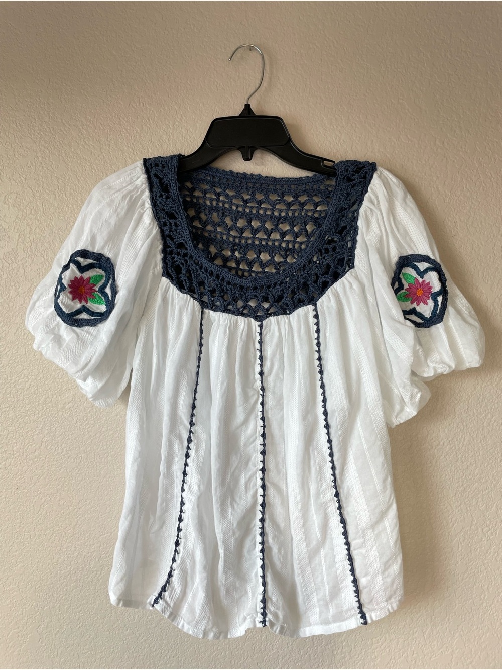 Cleobella Navi Organic Cotton Crochet Trim Puff Sleeve Blouse Medium